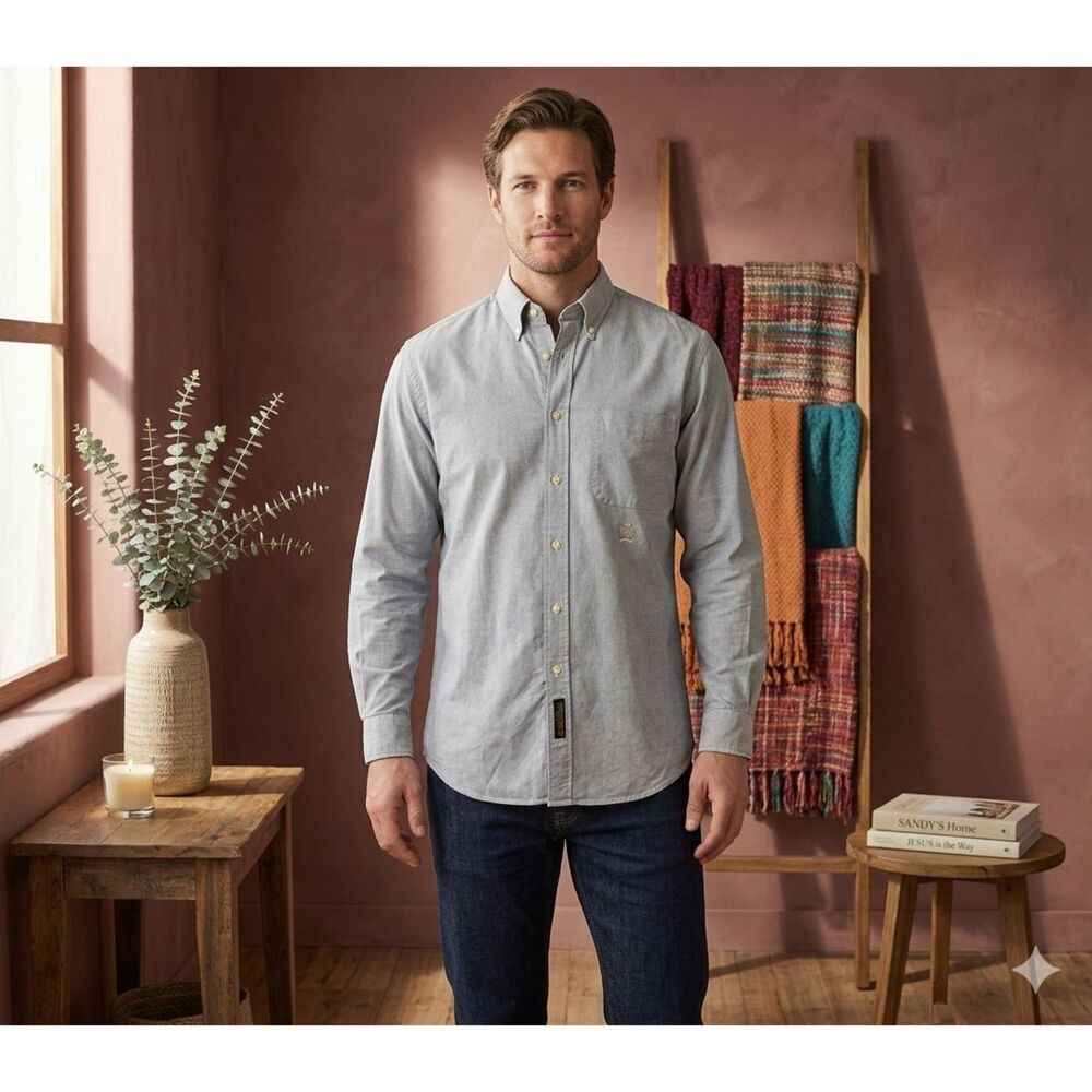 Vintage Tommy Hilfiger Mens M 15.5 Blue Oxford Shirt Button Down Crest